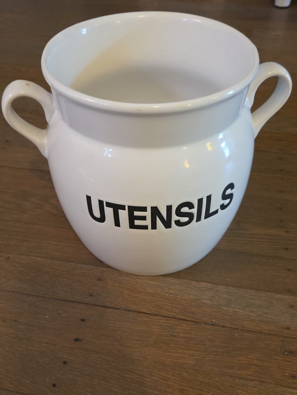 White Ceramic Utensils Crock w/ Black Lettering -  Kitchen Storage 8.5x7.5"